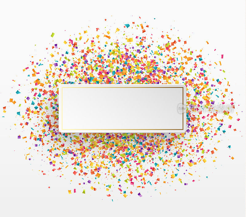 Colorful celebration background with confetti. Paper white bubble for text